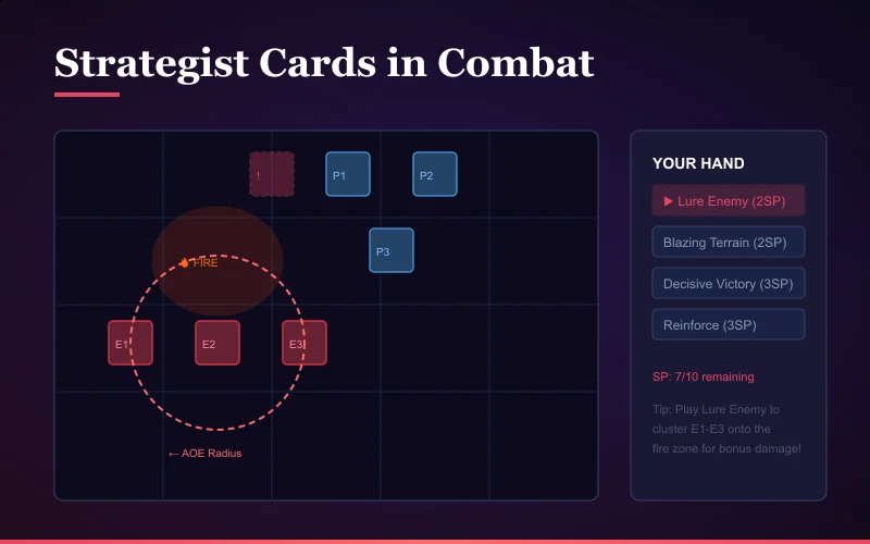 Strategist cards in combat showing AOE targeting Strategist cards being played in battle