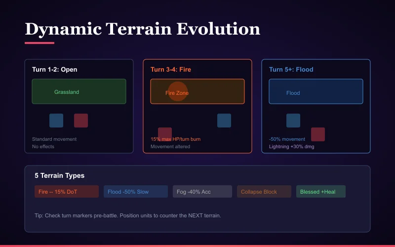 Dynamic terrain evolution through different battle phases Battle map showing terrain evolution