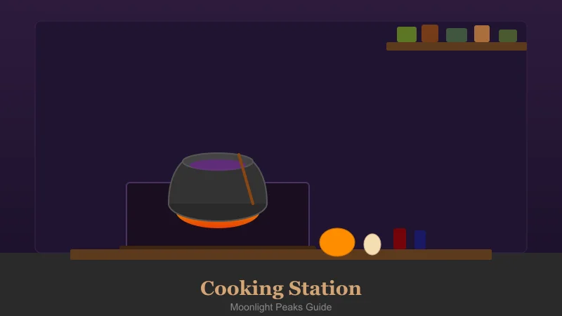 Moonlight Peaks cooking station with cauldron and pantry shelves