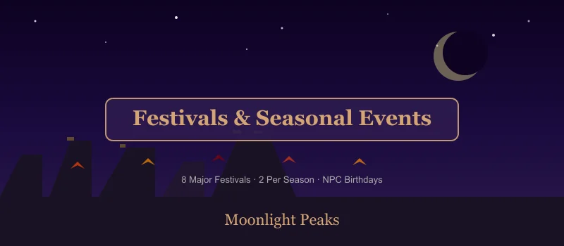 Moonlight Peaks seasonal festival banner with the town square decorated